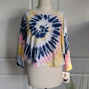 Nation LTD Top Crop Pima Cotton Spiral Tie Dye Elbow Length Batwing Multi L NWT